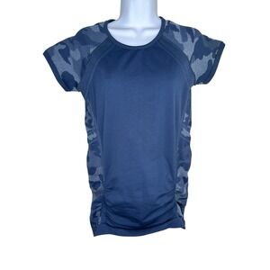 Athleta Momentum Camo Tee Size M Blue Seamless Ruched Short Sleeve 349662 Active